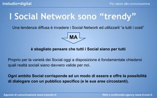 instudio+digital

Più valore alla comunicazione

I Social Network sono “trendy”
Una tendenza diffusa è invadere i Social Network ed utilizzarli “a tutti i costi”

MA
è sbagliato pensare che tutti i Social siano per tutti
Proprio per la varietà dei Social oggi a disposizione è fondamentale chiedersi
quali realtà sociali siano davvero valide per noi.
Ogni ambito Social corrisponde ad un modo di essere e offre la possibilità
di dialogare con un pubblico specifico (e le sue aree circostanti).

Agenzia di comunicazione www.instudio.it

Web e multimedia agency www.d-com.it

 