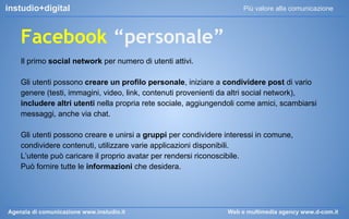 instudio+digital

Più valore alla comunicazione

Facebook “personale”
Il primo social network per numero di utenti attivi....