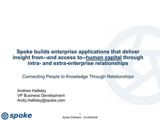 Spoke builds enterprise applications that deliver
insight from--and access to--human capital through
      intra- and extra-enterprise relationships

   Connecting People to Knowledge Through Relationships


 Andrew Halliday
 VP Business Development
 Andy.Halliday@spoke.com


                                  1
                      Spoke Software - Confidential
 