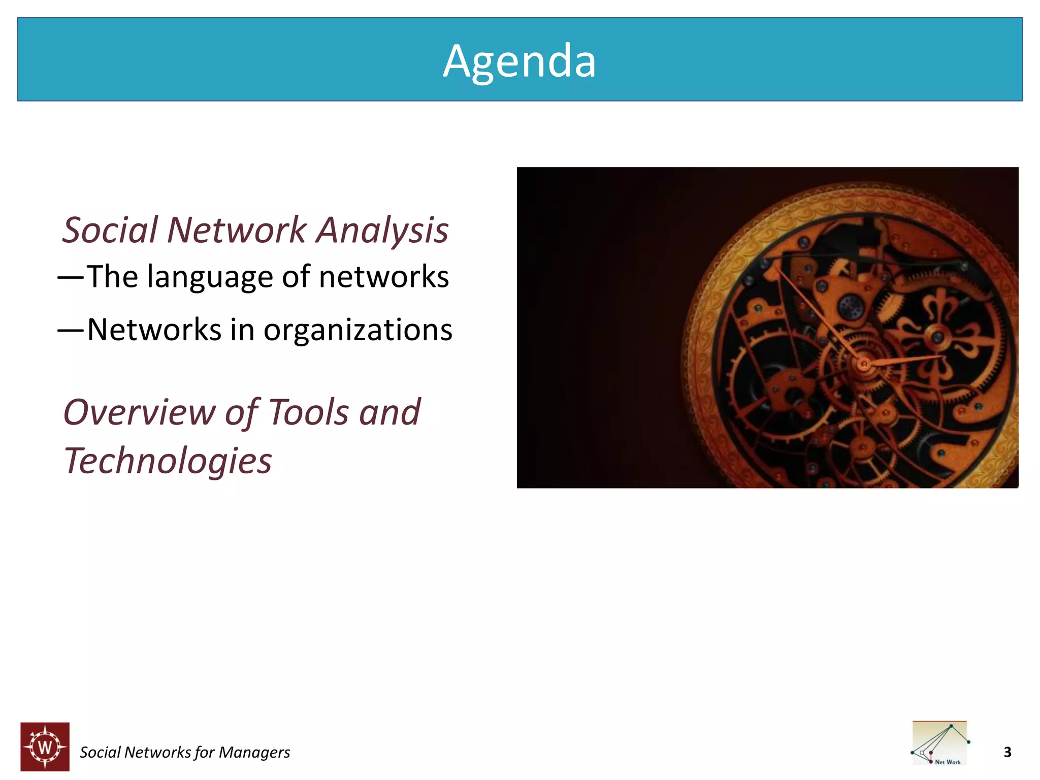Agenda
Social Network Analysis
―The language of networks
―Networks in organizations

Overview of Tools and
Technologies

Social Networks for Managers

3

 