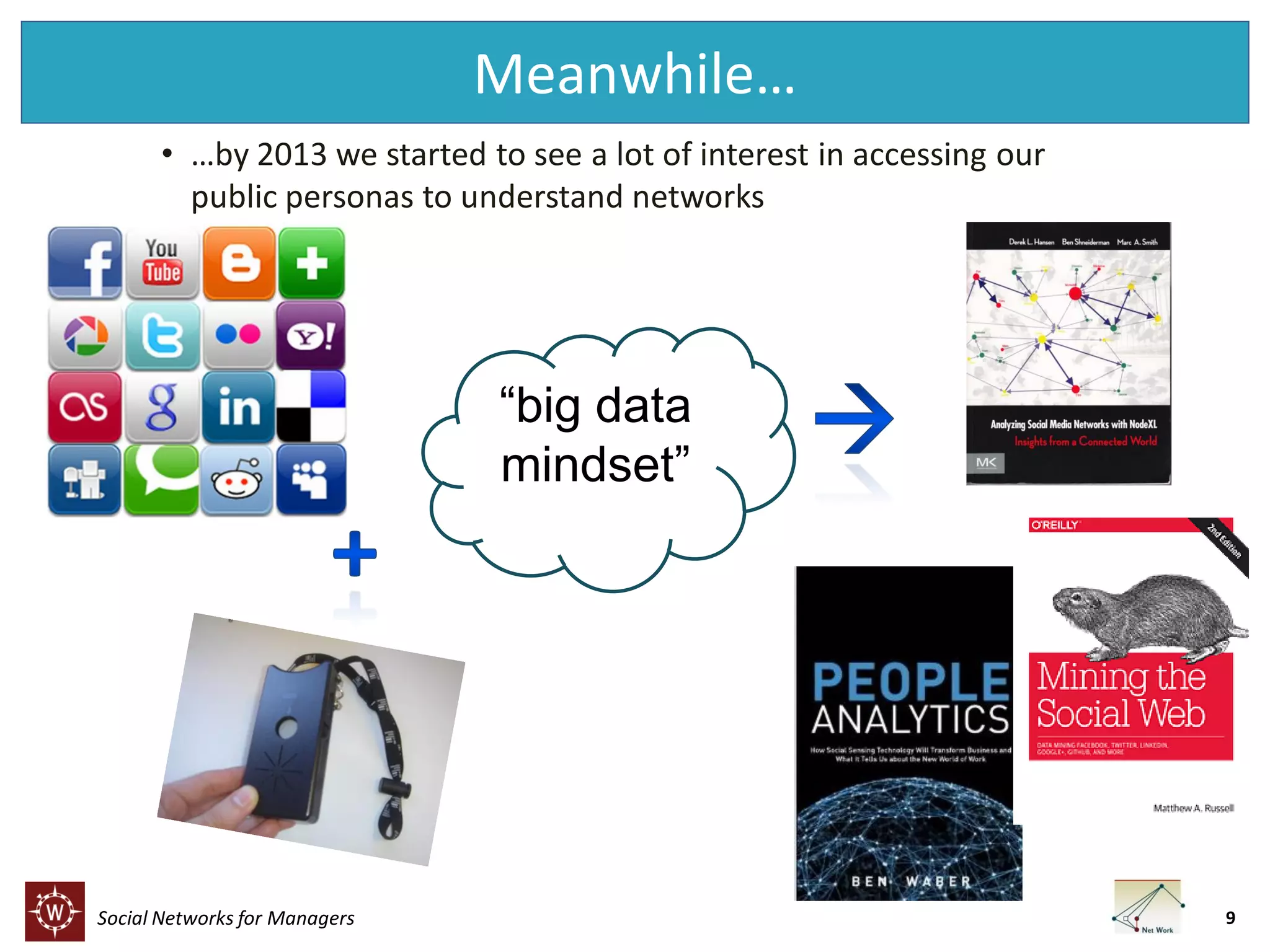 Meanwhile…
• …by 2013 we started to see a lot of interest in accessing our
public personas to understand networks

“big data
mindset”

Social Networks for Managers

9

 