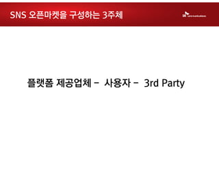 SNS 오픈마켓을 구성하는 3주체




  플랫폼 제공업체 - 사용자 - 3rd Party
 