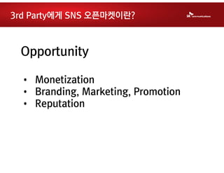 3rd Party에게 SNS 오픈마켓이란?



 Opportunity

 • Monetization
 • Branding, Marketing, Promotion
 • Reputation
 