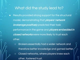 ● Results provided strong support for the structural
model, demonstrating that players’ network
brokerage positively predicted their task
performance in the game and players embedded in
closed networks were more likely to trust each
other.
○ Brokers essentially had a wider network and
therefore better knowledge and gamed better.
○ Closed networks, where players knew each
other, fostered trust.
What did the study lead to?
 