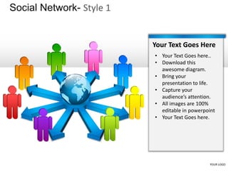 Social Network- Style 1


                          Your Text Goes Here
                          • Your Text Goes here..
                          • Download this
                            awesome diagram.
                          • Bring your
                            presentation to life.
                          • Capture your
                            audience’s attention.
                          • All images are 100%
                            editable in powerpoint
                          • Your Text Goes here.




                                                YOUR LOGO
 