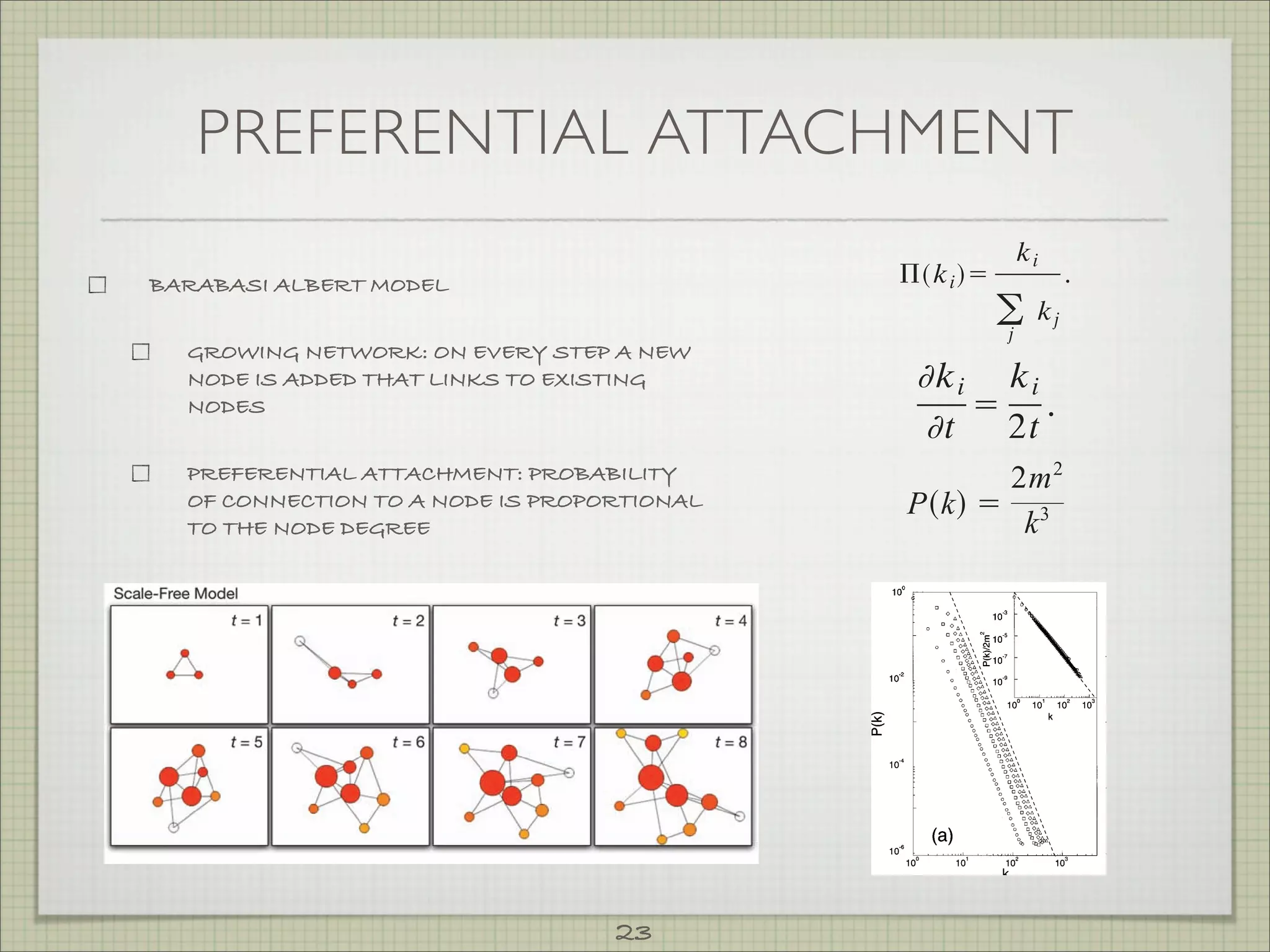 to the Limitdeviates                      from a Poisson distribution. We have seen in                                     (1) Growth: Starting with a sma
                           Secs. III.D and VI.B.3 that random-graph theory and                                            nodes, at every time step, we add
                                                                                                                                                            k
                                                                                                                          m( m k i edges that link the new i n
                                                                  property of many complex networks” (7), it was
                           the WS model cannot reproduce thisasfeature. While it is
                                                                  more of a prediction than a fact, because nature                0)
                                                                  could have chosen          many different architec-                     m k         mN 1
                                                                                                                          nodes already presenti in the system.
etworks: A Decade distribution (Sec. V), of modernconstruc-
                           straightforward to constructasrandom graphs that have a
                                                                  tures     there are networks. Yet, probably the
                                                                                                                                   t
                                  PREFERENTIAL ATTACHMENT
                           power-law degree                       most surprising discovery
                                                                                                   these topology:
                                                                  theory is the universality of the network
                           tions only postpone an important question: towhat is the
                                                                                                              network

                                                                  Many real networks, from the cell the Internet,
                                                                  independent of their age, function, and scope,
                                                                                                                             (2) Preferential attachment: When
                                                                                                                          to which the new node connects, w
                                                                                                                          probability that a new node jwill be
                                                                                                                                                            1
                                                                                                                                                               k
                           mechanism responsible for the emergence of isscale-free
                                                                  converge to similar architectures. It this uni-
                           networks? We shall see versality that allowed researchers from different
                                                                    in this section that answering                        i depends on the degree k i of node
 at the components of such complex systems as the cell, the
                           thisdecade, an avalanche Orequiredisciplines to from network theory asnetwork
                                    question will research Smon shift embrace modeling a com-
                                            R E P of R T a paradigm.                                                      The sum in the denominato
                                                                                                                                            ki
 ly wired together. In the past
 s, independent of theirBARABASIto modeling the network assembly networks of
                           topology ALBERT MODEL Today, the scale-free nature of and evolu-
                           age, function, and scope, converge to
   that allowed researchers from different disciplines to embrace key scientific interest, from protein interactions to 2
                                                                                                                          system except. the newly int
                                                                                                                                  ki
s- The decade-oldadiscovery of scale-free networks was one of social networks andequal networkm 2inter- not 1 j k jm 22mt km, 0 ). The prob-
 igm.        that new While atis connected with from the
                           tion. vertex this point these two approaches do )                                  of t/k                t/k 2 (t j m leading to
es                         appear to be NETWORK: ON EVERYwe shall NEW that there
                                                  particularlythe system [thatﬁnd ability density P(k) can be obtained from
                                                                   distinct, STEP A
  ze the emergence of network science, a new research field with linked documents that make up the WWW to the
             probability to any vertex in interconnected hardware behind the Internet, has
                                GROWING
                                                                                                                                          j
 ccomplishments.
                           is a fundamental THAT          difference between the modeling ap-
             is, (k) NODEwe ADDEDin might been establishedfromSuch small-world P[k iAfterkti time k, which procedure r                k]/ ksteps this over long




                                                                                                                                                                             Downloaded from www.sciencemag.org on July 24, 2009
 y are suspected that the scale-freetook1/(m 0 LINKS TO EXISTING TheP(k)
                                           IS                                  1)]. better maps
                                                                     t not only and the data sets
                                     const property (6) random graphs beyond doubt. and evidence                             (t)             i
hnologies                  proach
                                NODES                             comes
             a model (Fig. 2B) one required to reproduce the network periodstions indicated stationarynetwork ev
                                                            leads to P(k)                                   time
                                                                                                                                               .
                                                                                                                          with N t m 0 nodes and mt edges
                                                                                                                            leads to the that this solution
 etworks that not be unique to the WWW. The main purpose of but also from the agreement between empirical
 t to fail but the 1999 Science paper wasthereport this data and analytical models that predictthe power-
                           models, and to                                                                                          t       2t
s-proved like unexpected similarity show thatdistribution. the negative side goal prompting some not
 o           exp( law and indicating ATTACHMENT: PROBABILITYthewas re-
            too              k), degree networks of quite structureabsence earlyof
                                PREFERENTIAL that without
                                          between                   While the the of euphoria former
                                                                            (10, 11). Yet,
                                                                                                                          invariant state with the probability
  models,         different nature     to         two mechanisms,                         effects,
 thematicians growth models is to construct a searchers tothe many systems scale-free, even
                            and OF CONNECTION TO A graph with correct topological                                         ThePsolutiona    2m 2of this equatio
  e much preferential (Fig. 1). attachment, are the NODE IS label was scarce at best. However,
                                      attachment eliminates evidence scale-
                                  preferential                                  PROPORTIONAL                              edges following 3 power law with a
                                                                                                                                   k
 ove                       features, inNODE DEGREE of netthe was to force us to better understand put
             of underlying causes            the modeling when result
n- They feature THEthe distribution. In model B,
                                TO of
ystems. free When we concluded 1999 that we “expect the
                                                                       scale-free networks will                                             k
                                                                                                                          that every node i at its intr
                                                                                                                          (see Fig. 21). The scaling exponent is
 red randomly that the the invariant state […] is a generic the factors that shape network structure. For ex-
                            scale emphasis on capturing the network dynamics. That
                                           N vertices and no behind evolving or dy- 3, independent of in the model. it    the only parameter                            72                                                                                  ´
                                                                                                                                                                                                                                   R. Albert and A.-L. Barabasi: Statistical mechanics of complex networks

al by so- start with underlying assumption edges. At
 opted       we            is, the BIRTHOFASCALE-FREE                   NETWORK                             giving                               m. Although
  ence. It had
is for ex-
  ining      each time step, we randomly select a vertex
                           namic networks is that if we capture correctly the pro-
                    A SCALE-FREE NETWORK grows incrementally                                                reproduces theTheoretical approaches distribu-
                                                                                                                          B. observed scale-free No. 1, Ja
                                                                      from two to 11 nodes in this example. When deciding where to establish a link, a new node
                    (green) prefers to attach to an existing node (red) that already has many other connections.
                                                                                                                          Rev. Mod. Phys., Vol. 74,
                                                                                                                     These two basic mechanisms-growth


  ehandshakes
 omenon ob-  and connect   cesses it with probability networks that /we see today, proposed model cannot be expected
                    and preferential
                                         that assembled the
                                       attachment-will   eventually
                                                                             (k i )           ki            tion, the
                                                                      lead to the system's being dominated by hubs, nodes having an enormous number of links.




c- Watts and j k j tothen we will obtainsystem. Although at as to account forThe aspects ofproperties of the s
 ch resonated
 an
                              vertex i in the their topology correctly well. Dy-
                               .----              -1
                                                                                       ~                      ~               all dynamical the studied net-
                                                                                                                                         ~
                           namics takes the driving role, topology being only a by-
w of the
h beyond so-
  ccess
             early times the this modeling philosophy.
                           product of           model exhibits power-law                                    works. For be addressed usingproposed analyti
                                                                                                                           that, we theory to various by Ba
                                                                                                                          continuum
                                                                                                                                        need       model these
is That scaling, P(k) is not stationary: because N is
 mental ques-                                                                                                                                                     systems in more detail. For example, in the
om?
  e
            is,
           constant and the number No. 1,edges increases
 society func-
molecules, or
 r?
                  Rev. Mod. Phys., Vol. 74,
                                            of January 2002
y,This ques- time, after T N 2 time steps the system
           with  connected actors are more likely to be
                                                                                                              ~~
                                                                      why scale-free networks are so ubiquitous
                                                                                                                                                                  model we assumed linear preferential attach-
                                                                                                                                                                  ment; that is, (k)    k. However, although
                                                                                                                     an existing node that has twice as many
ding 10 years
 y propertyreaches a state in which all vertices are con-                                                                                                         in general (k) could have an arbitrary non-
                 chosen for new roles. On the Internet the            in the real world.                             connections), one hub will tend to run
 ree             more connected routers, which typically                  Growth and preferential attachment         away with the lion's share of connections.
                 have greater bandwidth, are more desir-              can even help explicate the presence of        In such "winner take all" scenarios, the
                                                                                                                                                                        FIG. 21. Numerical simulations of network evolution: (a) Degree distribution of the Barabasi-Al  ´
c-may show
 s         nected. The failure of models A and B indi-
                 able for new users. In the U.S. biotech in-
                 dustry, well-established companies such as
                                                                      scale-free networks in biological systems.     network eventually assumes a star topol-
                                                                                                                                                                  linear form (k)    k , simulations indicate
                                                                                                                                                                          300 000 and , m 0 m 1; , m 0 m 3; , m 0 m 5; and , m 0 m 7. The slope of the das

                                                                                                                                             23
                                                                      Andreas Wagner of the University of            ogy with a central hub.
                                                                                                                                                                        the best ﬁt to the data. The inset shows the rescaled distribution (see text) P(k)/2m 2 for the same v
                 Genzyme tend to attract more alliances,              New Mexico and David A. Fell of Oxford
 ame 10 years    which further increases their desirability           Brookes University in England have             AnAchilles' Heel                                   dashed line being      3; (b) P(k) for m 0 m 5 and various system sizes, , N 100 000; , N 1
 