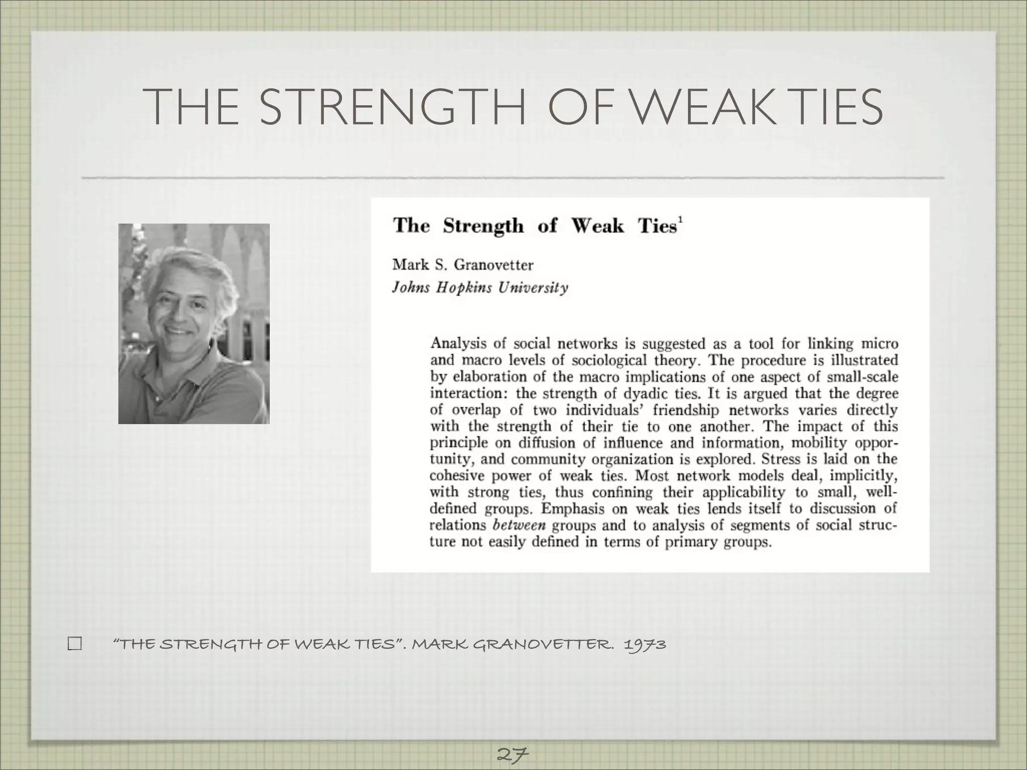 THE STRENGTH OF WEAK TIES




“THE STRENGTH OF WEAK TIES”. MARK GRANOVETTER. 1973




                                   27
 