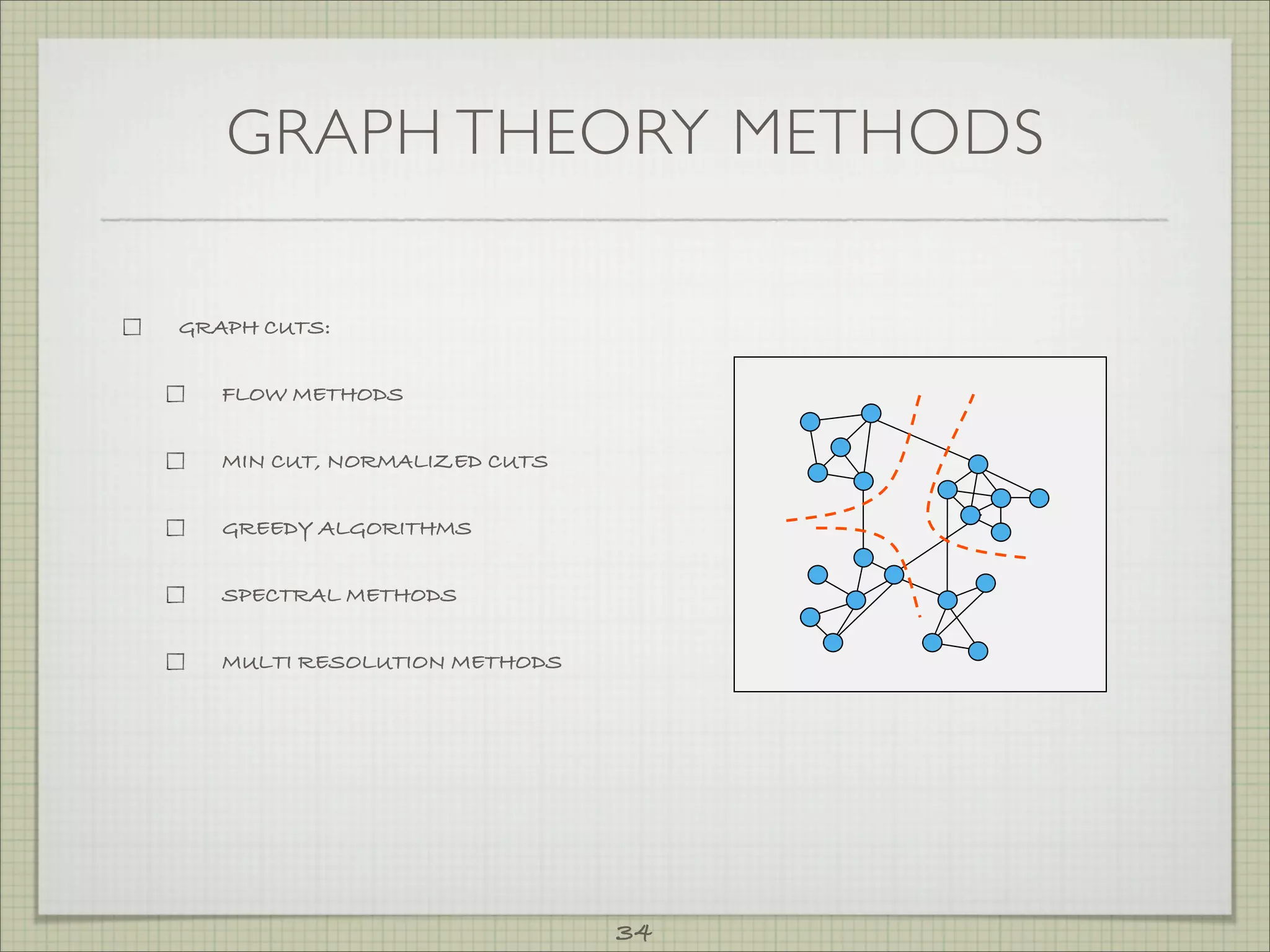 GRAPH THEORY METHODS

GRAPH CUTS:


   FLOW METHODS


   MIN CUT, NORMALIZED CUTS


   GREEDY ALGORITHMS


   SPECTRAL METHODS


   MULTI RESOLUTION METHODS




                              34
 