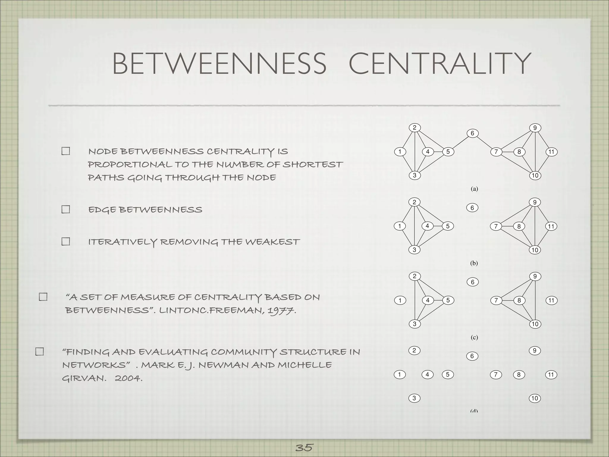 BETWEENNESS CENTRALITY
                                                                             advanced material

                                                                     2                                    9
                                                                                       6


    NODE BETWEENNESS CENTRALITY IS                              1        4     5              7      8         11

    PROPORTIONAL TO THE NUMBER OF SHORTEST
    PATHS GOING THROUGH THE NODE                                     3                                    10

                                                                                       (a)

                                                                     2                                    9
    EDGE BETWEENNESS                                                                   6

                                                                1        4     5              7      8         11

    ITERATIVELY REMOVING THE WEAKEST
                                                                     3                                    10

                                                                                       (b)

                                                                     2                                    9
                                                                                       6

“A SET OF MEASURE OF CENTRALITY BASED ON                        1        4     5              7      8         11
BETWEENNESS”. LINTONC.FREEMAN, 1977.
                                                                     3                                    10

                                                                                       (c)

“FINDING AND EVALUATING COMMUNITY STRUCTURE IN                       2
                                                                                       6
                                                                                                          9

NETWORKS” . MARK E. J. NEWMAN AND MICHELLE
                                                                1        4     5              7      8         11
GIRVAN. 2004.
                                                                     3                                    10

                                                                                       (d)

                                           Figure 3.17. The four steps (a)–(d) of the Girvan–Newman method applied to the network f
                                           Figure 3.15.
                                    35
 