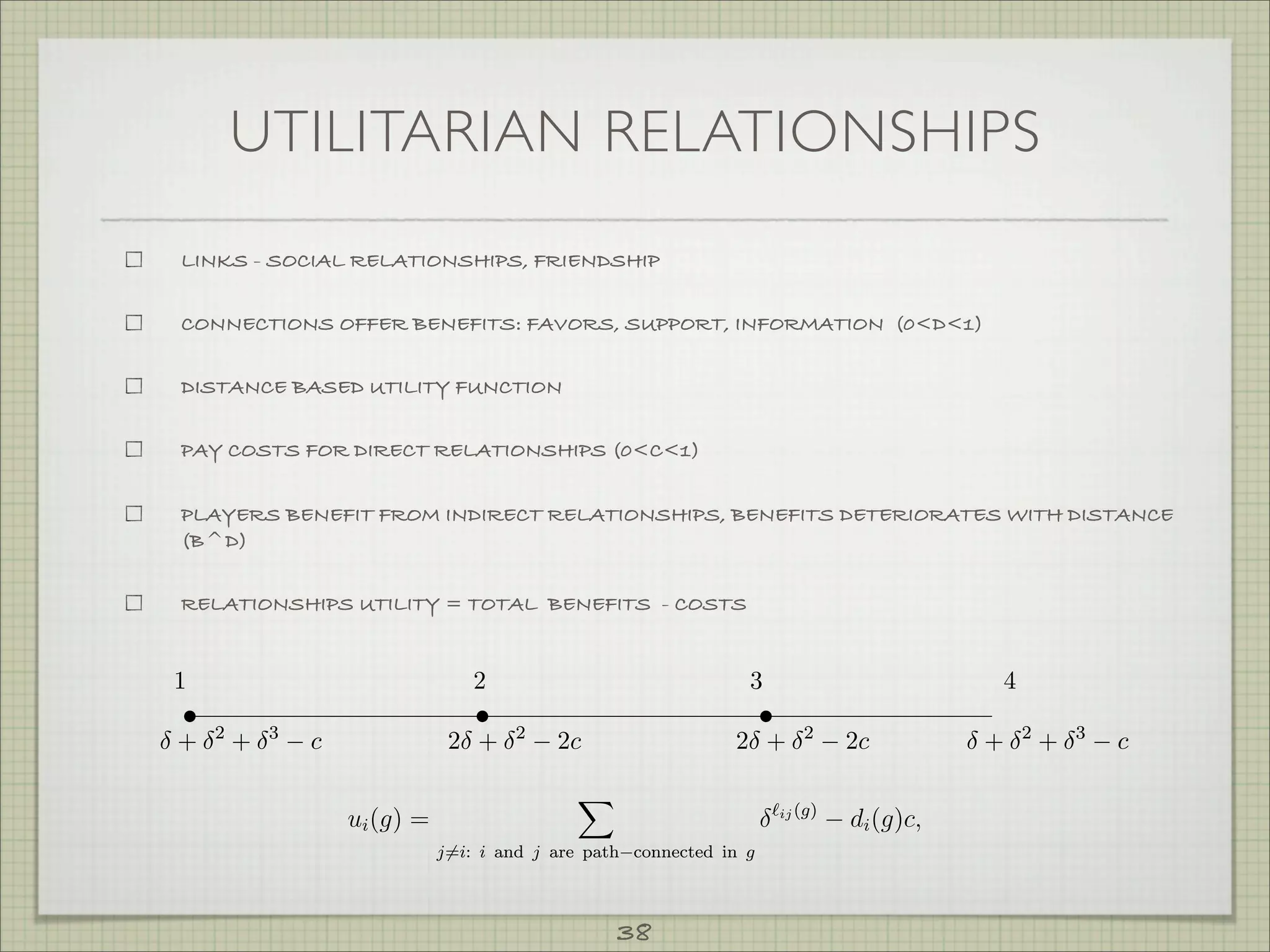 UTILITARIAN RELATIONSHIPS
     LINKS - SOCIAL RELATIONSHIPS, FRIENDSHIP


     CONNECTIONS OFFER BENEFITS: FAVORS, SUPPORT, INFORMATION (0<D<1)

   1.2. A SETBASED UTILITY FUNCTION
     DISTANCE OF EXAMPLES:                                                                     27


          t                    t                                    t
     PAY1                     2
        COSTS FOR DIRECT RELATIONSHIPS (0<C<1)                  3                     4

        +  2 +  3  c FROM INDIRECT 2  2c
     PLAYERS BENEFIT                                    2 +  2 DETERIORATES WITHDISTANCE
                                 2 +  RELATIONSHIPS, BENEFITS 2c         + 2 + 3  c
     (B^D)
    Figure 1.2.3 The utilities to the players in a three-link four-player network in
1.2. A SET OF EXAMPLES: TOTAL BENEFITS - COSTS model.
      RELATIONSHIPS UTILITY = symmetric connections
                          the                                                                  27


         t                           t                          t
     1                              2                         3                        4
         Given a network g,12   write the net utility or payo§ ui (g) that player i receives from
    +  2 +  3g c
   a network as                  2 +  2  2c               2 +  2  2c           + 2 + 3  c

                                           X
Figure 1.2.3 The utilities to the players in a three-link four-player network in
                 ui (g) =                                  `ij (g)  di (g)c;
                      the j6symmetric pathconnected in model.
                            =i: i and j are connections g


   where `ij (g) is the number of links in the shortest path between i and j, di (g) is the
                                                 38
 