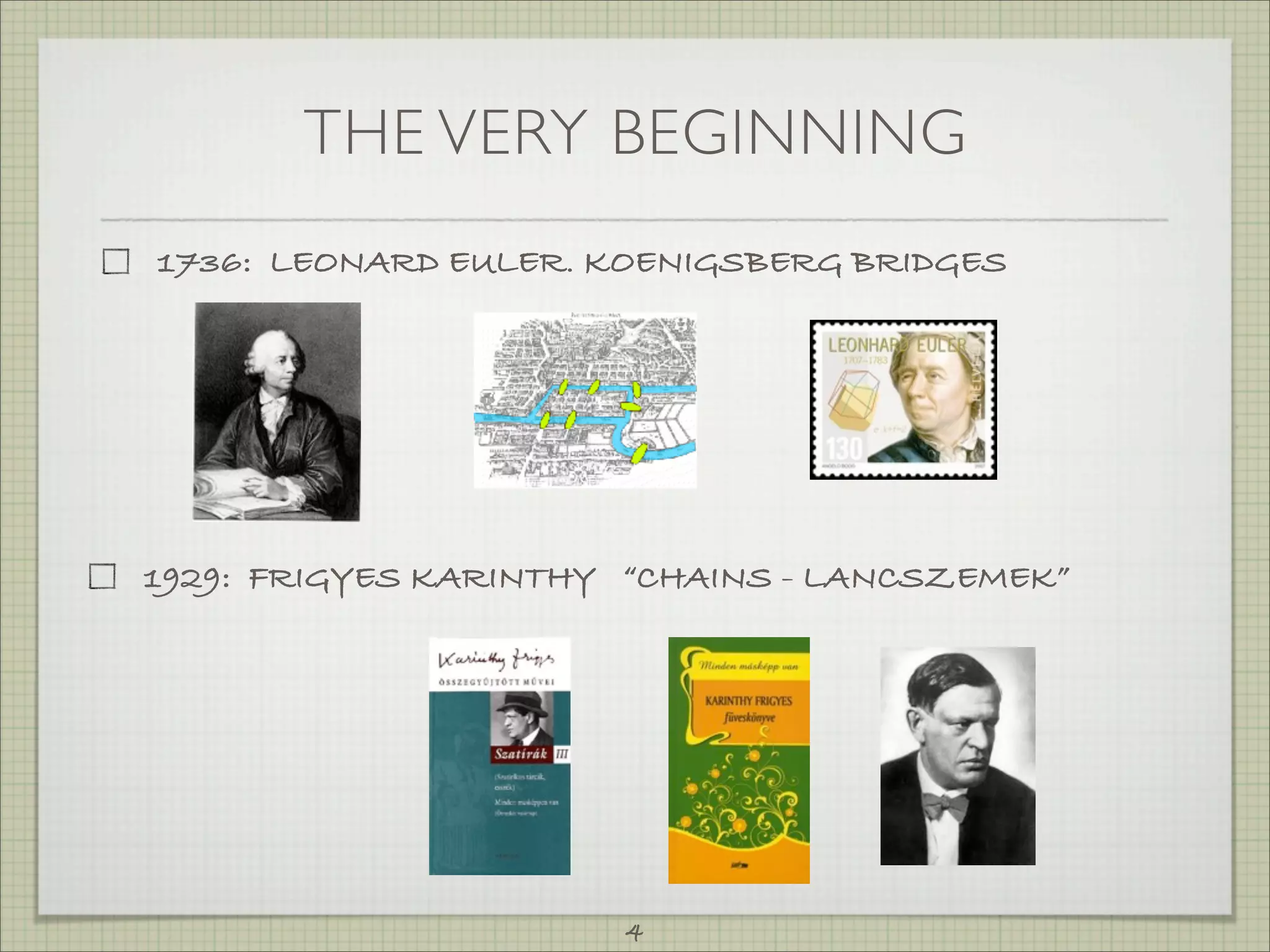 THE VERY BEGINNING
1736: LEONARD EULER. KOENIGSBERG BRIDGES




1929: FRIGYES KARINTHY “CHAINS - LANCSZEMEK”




                      4
 