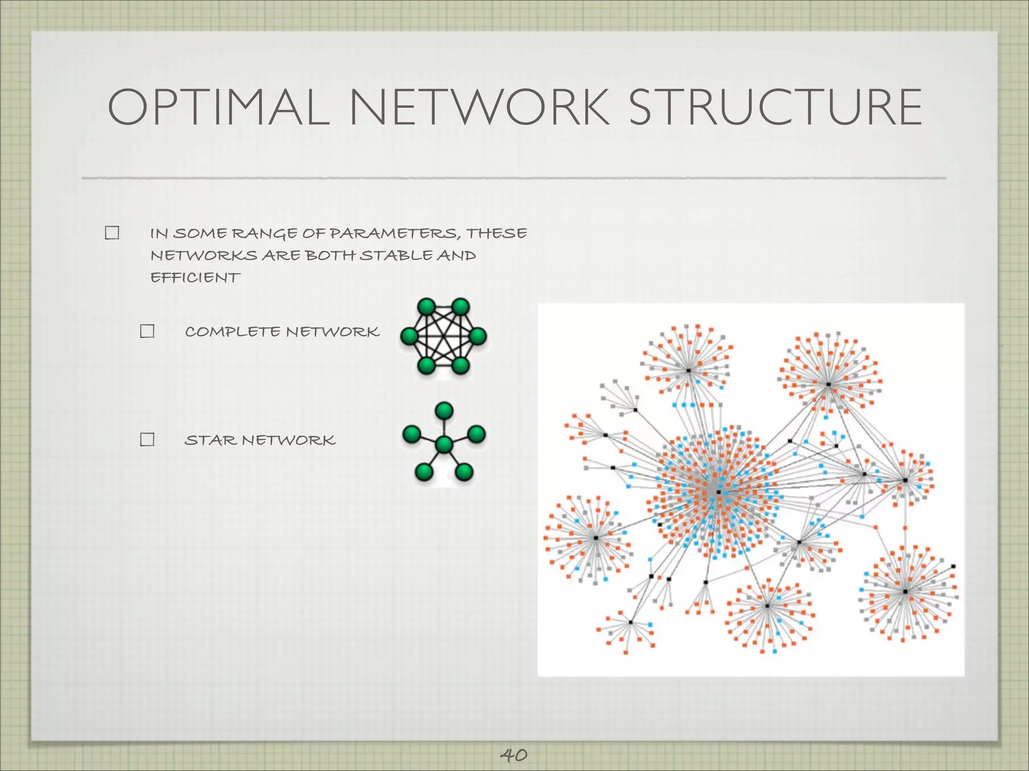 OPTIMAL NETWORK STRUCTURE

 IN SOME RANGE OF PARAMETERS, THESE
 NETWORKS ARE BOTH STABLE AND
 EFFICIENT


    COMPLETE NETWORK




    STAR NETWORK




                                40
 