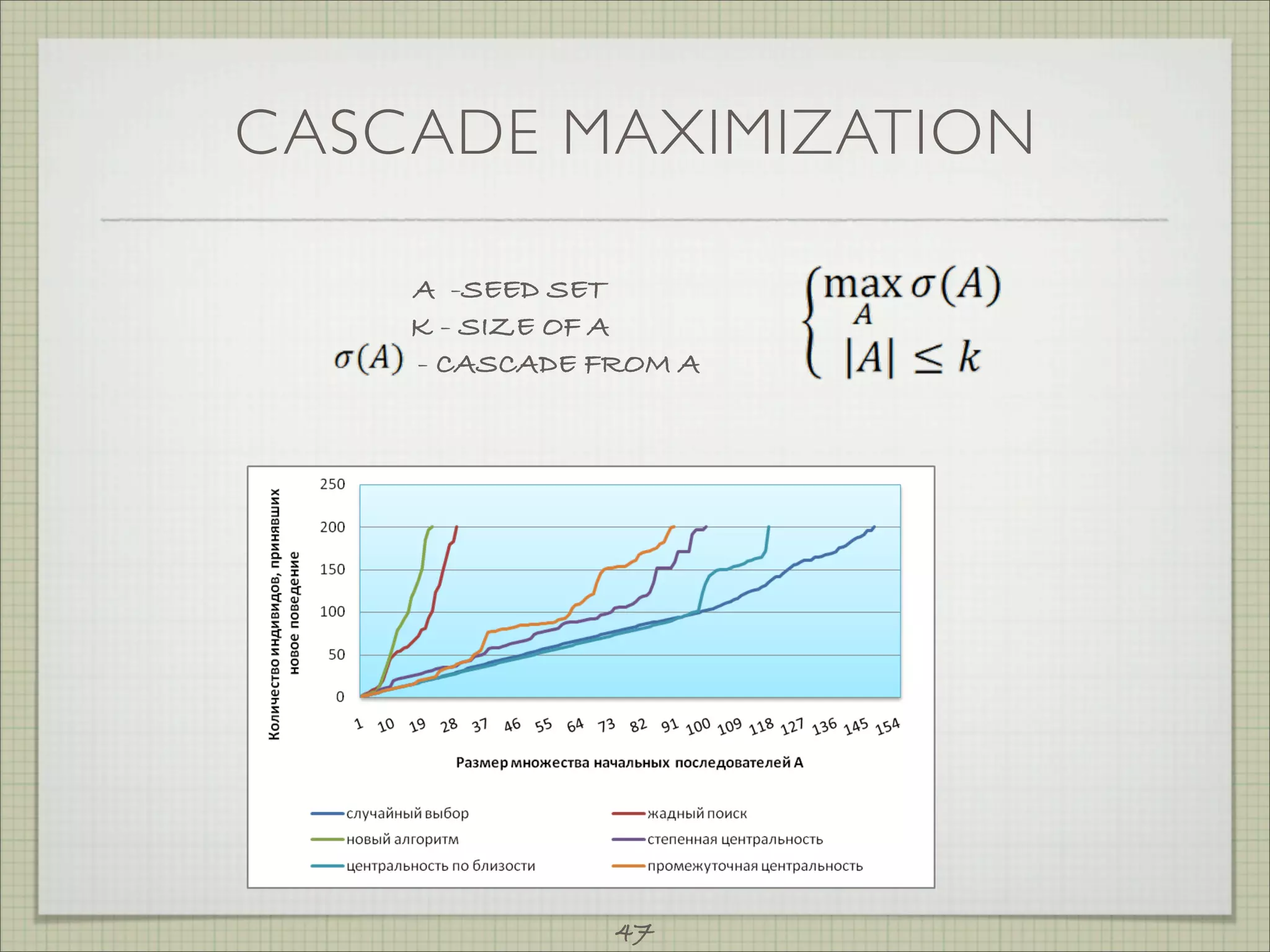 CASCADE MAXIMIZATION

    A -SEED SET
    K - SIZE OF A
    - CASCADE FROM A




               47
 