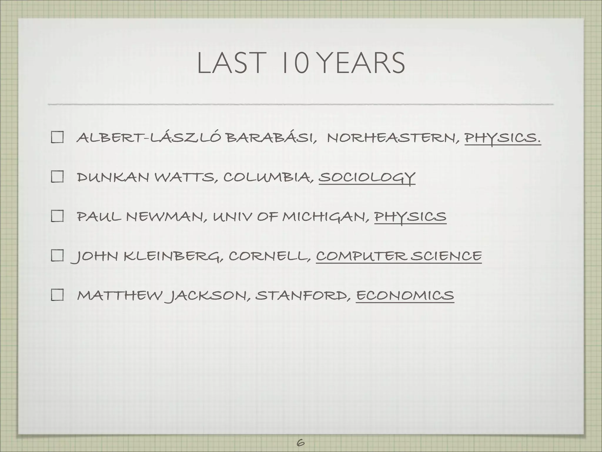 LAST 10 YEARS

ALBERT-LÁSZLÓ BARABÁSI, NORHEASTERN, PHYSICS.

DUNKAN WATTS, COLUMBIA, SOCIOLOGY

PAUL NEWMAN, UNIV OF MICHIGAN, PHYSICS

JOHN KLEINBERG, CORNELL, COMPUTER SCIENCE

MATTHEW JACKSON, STANFORD, ECONOMICS




                      6
 