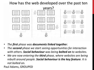How has the web developed over the past ten
years?

• The first phase was documents linked together.
• The second phase we...