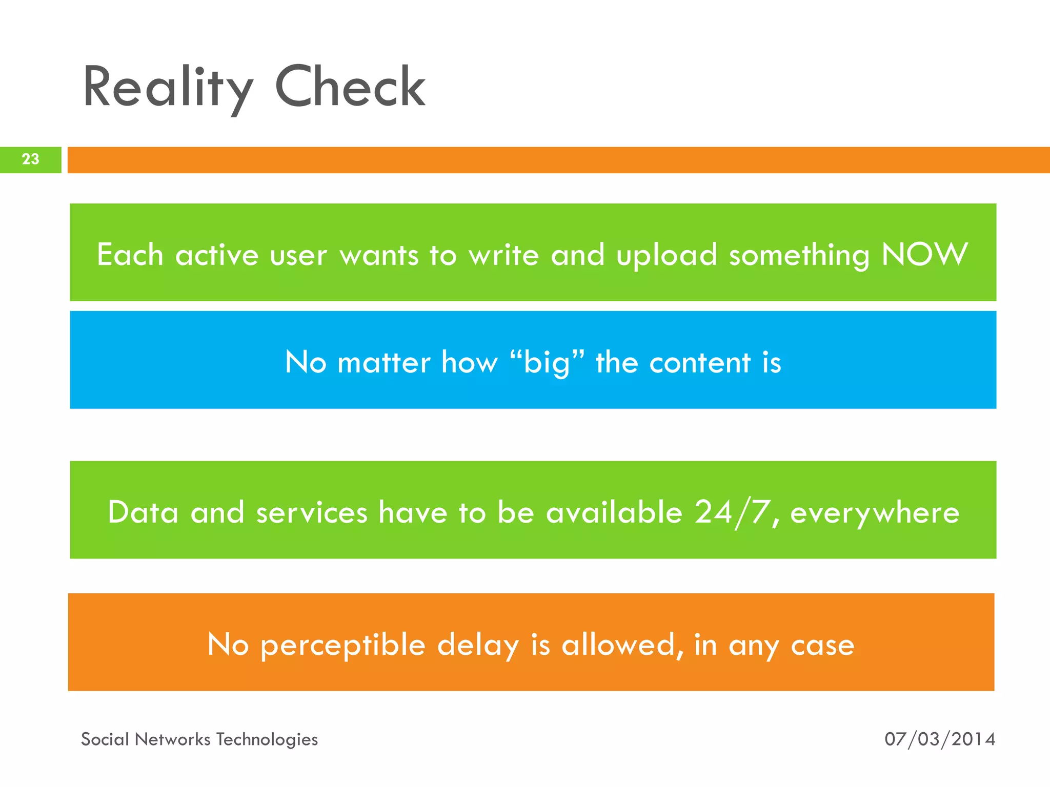 07/03/2014
23
Social Networks Technologies
Each active user wants to write and upload something NOW
No perceptible delay is allowed, in any case
No matter how “big” the content is
Reality Check
Data and services have to be available 24/7, everywhere
 