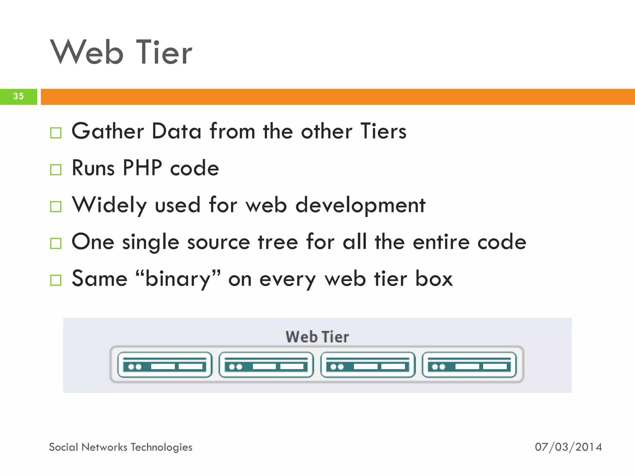 Web Tier
07/03/2014Social Networks Technologies
35
 Gather Data from the other Tiers
 Runs PHP code
 Widely used for web development
 One single source tree for all the entire code
 Same “binary” on every web tier box
 