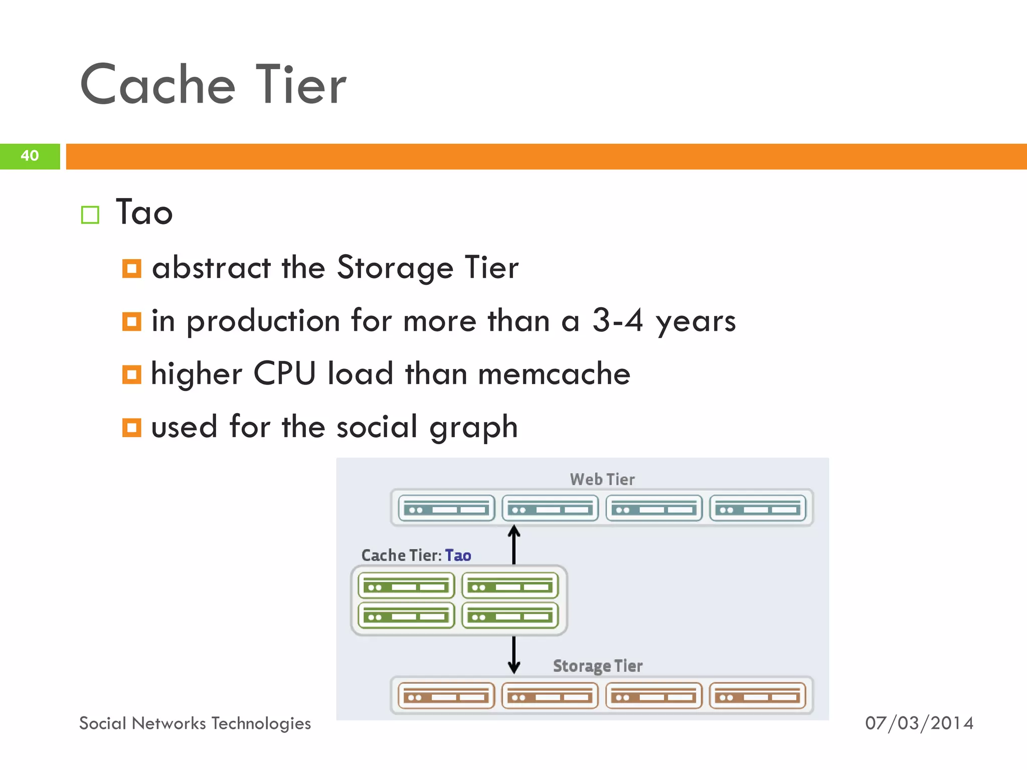 Cache Tier
07/03/2014Social Networks Technologies
40
 Tao
 abstract the Storage Tier
 in production for more than a 3-4 years
 higher CPU load than memcache
 used for the social graph
 