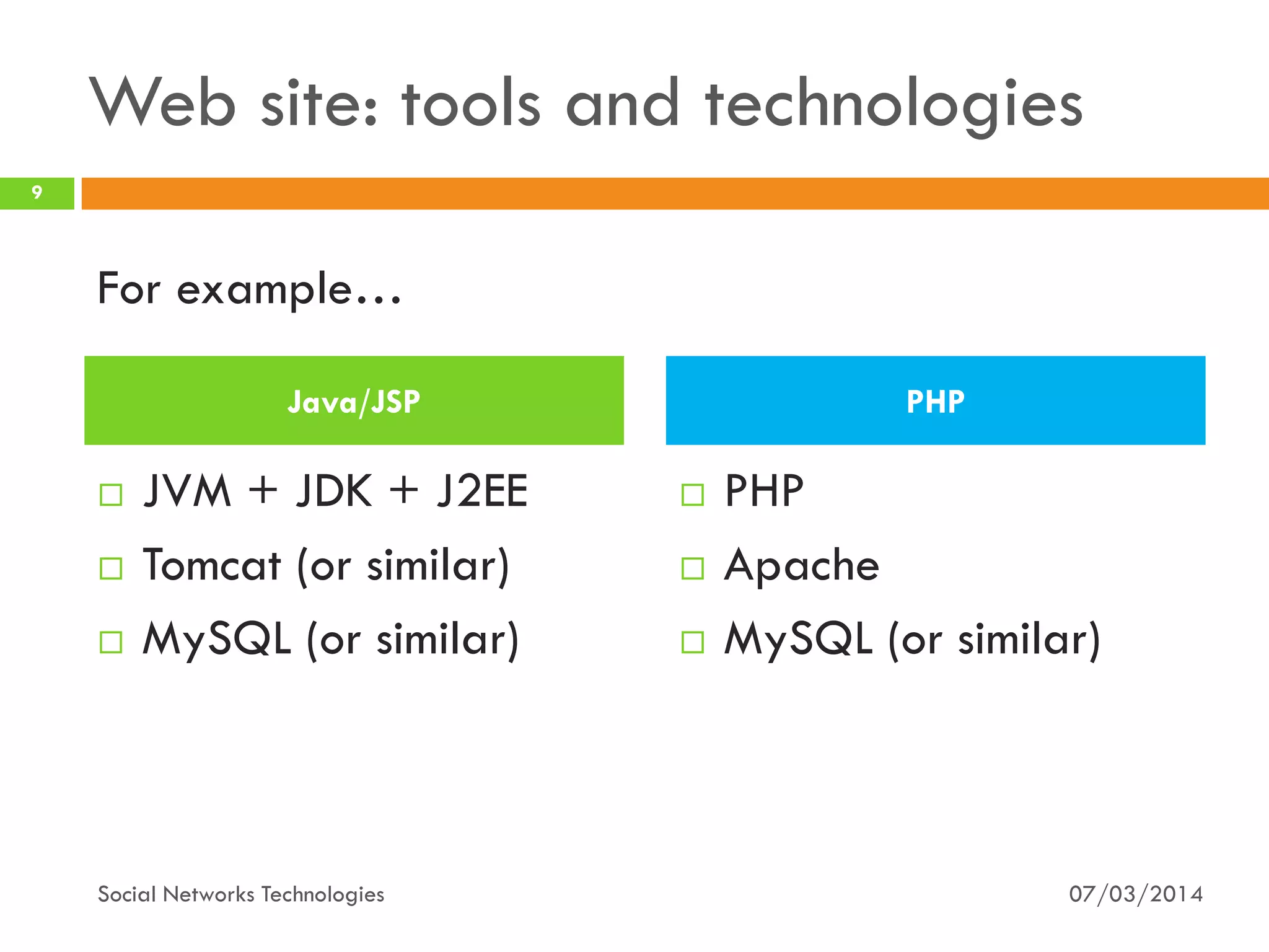 Web site: tools and technologies
 JVM + JDK + J2EE
 Tomcat (or similar)
 MySQL (or similar)
 PHP
 Apache
 MySQL (or similar)
07/03/2014
9
Social Networks Technologies
Java/JSP PHP
For example…
 