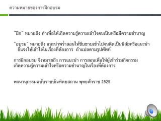 ความหมายของการฝึกอบรม




 "ฝึก" หมายถึง ทําเพื่อให้เกิดความรู้ความเข้าใจจนเป็นหรือมีความชํานาญ 
 
 "อบรม" หมายถึง แนะนําพร่ําสอนให้ซึบซาบเข้าไปจนติดเป็นนิสัยหรือแนะนํา 
   ชี้แจงให้เข้าใจในเรื่องที่ต้องการ  ถ้าแปลตามรูปศัพท์ 
  
 การฝึกอบรม จึงหมายถึง การแนะนํา การสอนเพื่อให้ผู้เข้าร่วมกิจกรรม 
 เกิดความรู้ความเข้าใจหรือความชํานาญในเรื่องที่ต้องการ  
 0
 0
 พจนานุกรรมฉบับราชบัณฑิตยสถาน พุทธศักราช 25250
 