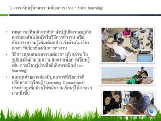 3. การเรียนรู้ตามความต้องการ (real- time learning)  




•  เหตุการณ์ที่พนักงานที่กําลังปฏิบัติงานอยู่เกิด
   ความสงสัยไม่แน่ใจในวิธีการทํางาน หรือ
   ต้องการความรู้เพิ่มเติมอย่างเร่งด่วนในเรื่อง
   ต่างๆ ที่เกี่ยวข้องกับการทํางาน
•  วิธีการตอบสนองความต้องการดังกล่าว ใน
   รูปของสิ่งอํานวยความสะดวกเพื่อการเรียนรู้
   เช่น การเรียนรู้ผ่านสื่ออิเล็กทรอนิกส์ (E-
   learning) 
•  และสุดท้ายอาจต้องมีบุคลากรที่เรียกว่าที่
   ปรึกษาการเรียนรู้ (Learning Consultant)
   ประจําอยู่เพื่อช่วยให้พนักงานเรียนรู้ได้สะดวก
   มากยิ่งขึ้น 
 