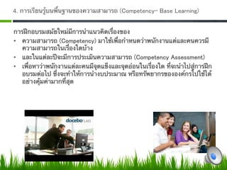 4. การเรียนรู้บนพื้นฐานของความสามารถ (Competency- Base Learning)  


การฝึกอบรมสมัยใหม่มีการนําแนวคิดเรื่องของ
•  ความสามารถ (Competency) มาใช้เพื่อกําหนดว่าพนักงานแต่และคนควรมี
   ความสามารถในเรื่องใดบ้าง 
•  และในแต่ละปีจะมีการประเมินความสามารถ (Competency Assessment) 
•  เพื่อหาว่าพนักงานแต่ละคนมีจุดแข็งและจุดอ่อนในเรื่องใด ที่จะนําไปสู่การฝึก
   อบรมต่อไป ซึ่งจะทําให้การนํางบประมาณ หรือทรัพยากรขององค์กรไปใช้ได้
   อย่างคุ้มค่ามากที่สุด 
 