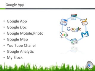Google App 

 
•    Google App 
•    Google Doc 
•    Google Mobile,Photo 
•    Google Map 
•    You Tube Chanel 
•    Google Analyc 
•    My Block  
 