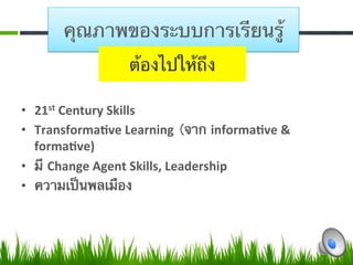 คุณภาพของระบบการเรียนรู้ 
                 ต้องไปให้ถึง

•  21st Century Skills 
•  Transforma7ve Learning  (จาก informa7ve & 
   forma7ve)  
•  มี Change Agent Skills, Leadership 
•  ความเป็นพลเมือง
 
