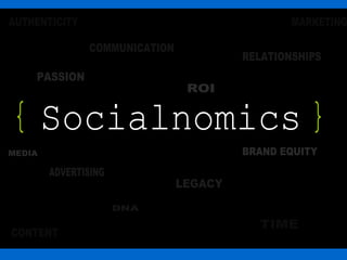 Socialnomics BRAND EQUITY MEDIA ROI PASSION ADVERTISING RELATIONSHIPS LEGACY COMMUNICATION DNA TIME CONTENT MARKETING AUTHENTICITY { { 