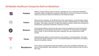 10 Notable Healthcare Companies Built on Blockchain
Pokitdok
Platform company offering 5 types of solutions: clearinghouse (X12), private label marketplace,
scheduling, identity management and payment optimization to improve communication among the
medical community and reduce the inefficiency of the healthcare system.
Help insurance companies use the Blockchain for their record keeping, so that all parties involved
are able to easily verify the accuracy of the claims and further increase efficiency in medical billing
processes. They signed a deal with US health data software provider to imprint their documents on
the Blockchain to guarantee authenticity of sequence of events.
French startup looking to improve the major issue of lack of transparency and trust panning from
data falsification in pharmaceutical clinical trials. For example of 137 clinical trials it investigated
during a study, 67 found outcomes they weren’t expecting, and only 9 reported their results
properly.
Global Blockchain platform company looking to solve problems in several industries. The startup
partnered with Philips Healthcare to work on the possible applications of Blockchain technology to
improve the healthcare industry.
French startup using blockchain-based technologies to fight drug counterfeiting. Blockchain can
improve drug traceability, allow participants in the supply chain interact easily and alert the labs of
fake drugs.
Factom
Stratumn
Tierion
Blockpharma
 
