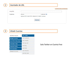 2 Acortador de URL
Añadir Cuentas3
Solo Twitter en Cuenta Free
 