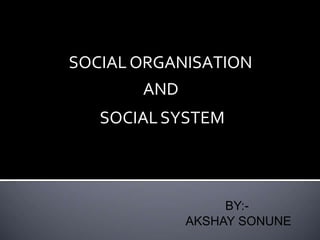 SOCIALORGANISATION
AND
SOCIALSYSTEM
BY:-
AKSHAY SONUNE
 