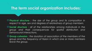 The term social organization includes:
 Physical structure : the size of the group and its composition in
respect to age, sex and degrees of relatedness of group members.
 Social structure : all of the relationships among individuals in the
group and their consequences for spatial distribution and
behavioural interactions.
 Group cohesion : the duration of association of the members of the
group and the frequency of fission in which one or more members
leave the group.
 