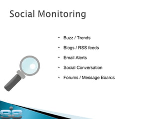 Buzz / Trends Blogs / RSS feeds Email Alerts Social Conversation  Forums / Message Boards 