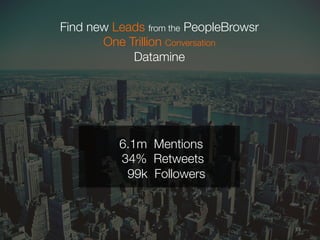 18	
  
Find new Leads from the PeopleBrowsr 
One Trillion Conversation 
Datamine	
  
6.1m Mentions
34% Retweets
99k Followers

 