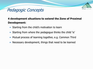 Pedagogic Concepts
4 development situations to extend the Zone of Proximal
Development:
  Starting from the child‟s motivation to learn

  Starting from where the pedagogue thinks the child „is‟

  Mutual process of learning together, e.g. Common Third

  Necessary development, things that need to be learned
 