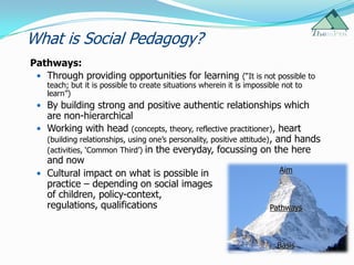 What is Social Pedagogy?
Pathways:
  Through providing opportunities for learning                  (“It is not possible to
    teach; but it is possible to create situations wherein it is impossible not to
    learn”)
  By building strong and positive authentic relationships which
   are non-hierarchical
  Working with head (concepts, theory, reflective practitioner), heart
   (building relationships, using one‟s personality, positive attitude) , and hands
   (activities, „Common Third‟) in the everyday, focussing on the here
   and now
  Cultural impact on what is possible in                                  Aim
   practice – depending on social images
   of children, policy-context,
   regulations, qualifications                                          Pathways



                                                                            Basis
 