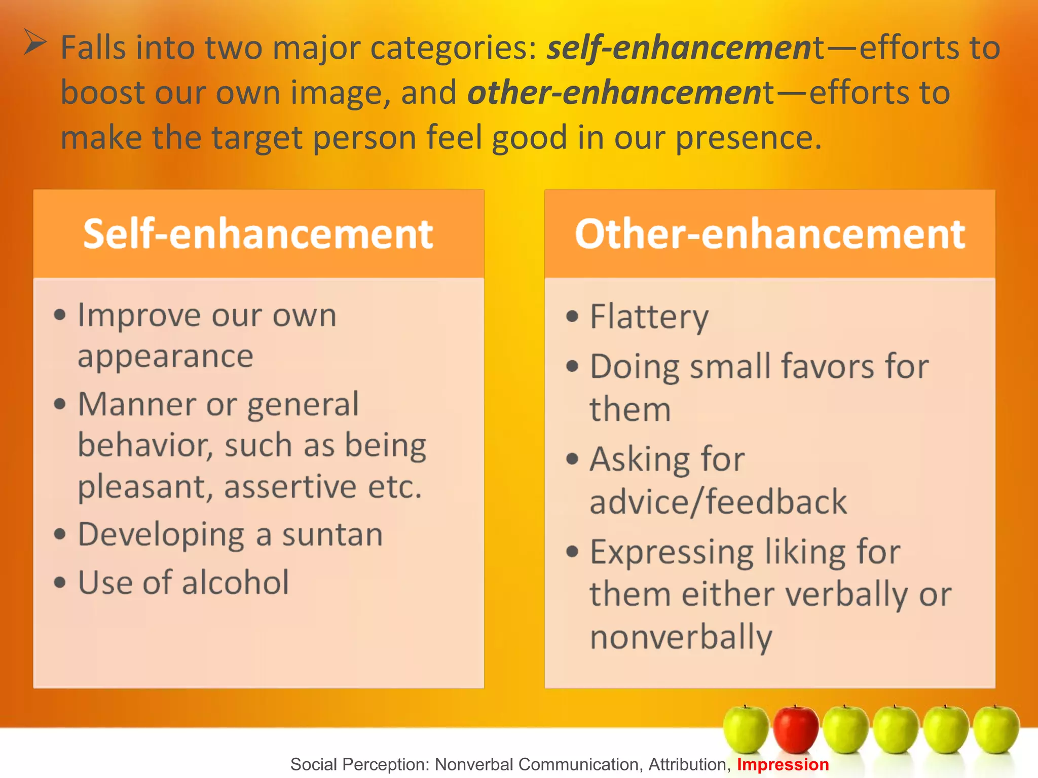 Social Perception: Nonverbal Communication, Attribution, Impression
 Falls into two major categories: self-enhancement—efforts to
boost our own image, and other-enhancement—efforts to
make the target person feel good in our presence.
 