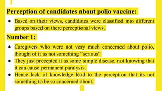 Perception of candidates about polio vaccine:
● Based on their views, candidates were classified into different
groups based on there perceptional views.
Number 1:
● Caregivers who were not very much concerned about polio,
thought of it as not something “serious”
● They just precepted it as some simple disease, not knowing that
it can cause permanent paralysis.
● Hence lack of knowledge lead to the perception that its not
something to be so concerned about.
 