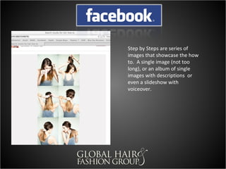 A singular image on
Pinterest needs to be
strong enough for
someone to like and
want to save or “repin”
to their boards. It will
need to link back to a
website that gives more
information about the
image.
Also important is the
text placed with the
image as it is
searchable, so you
would want to make
sure to include the
word “ombre” so it is
easily found.
 