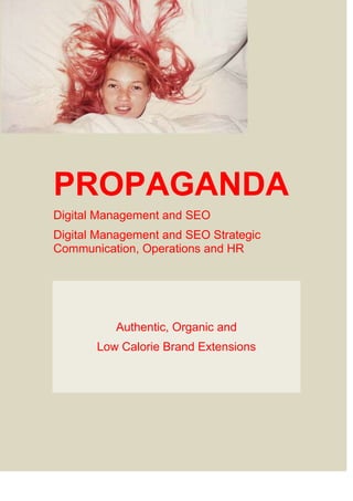 PROPAGANDA
Digital Management and SEO
Digital Management and SEO Strategic
Communication, Operations and HR
Authentic, Organic and
Low Calorie Brand Extensions
 