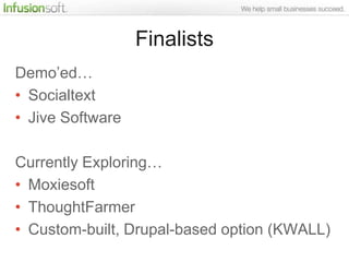 Finalists
Demo‟ed…
• Socialtext
• Jive Software

Currently Exploring…
• Moxiesoft
• ThoughtFarmer
• Custom-built, Drupal-based option (KWALL)
 