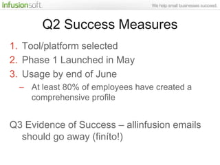 Q2 Success Measures
1. Tool/platform selected
2. Phase 1 Launched in May
3. Usage by end of June
  – At least 80% of employees have created a
    comprehensive profile


Q3 Evidence of Success – allinfusion emails
  should go away (finíto!)
 