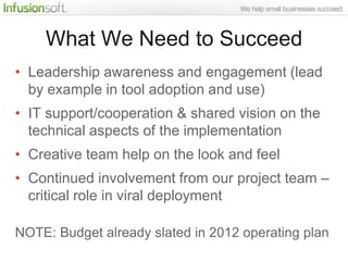 What We Need to Succeed
• Leadership awareness and engagement (lead
  by example in tool adoption and use)
• IT support/cooperation & shared vision on the
  technical aspects of the implementation
• Creative team help on the look and feel
• Continued involvement from our project team –
  critical role in viral deployment

NOTE: Budget already slated in 2012 operating plan
 
