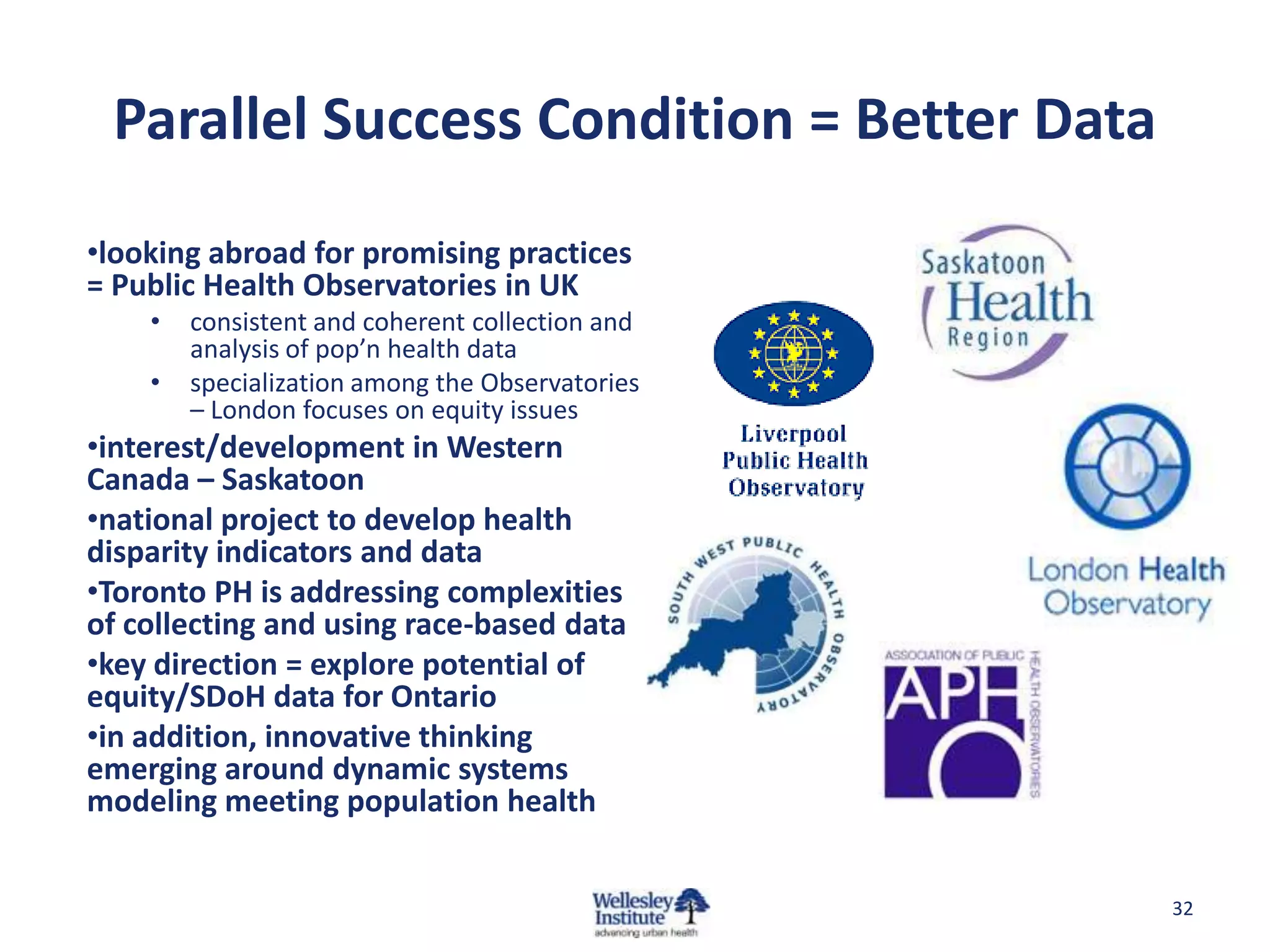 Parallel Success Condition = Better Data
•looking abroad for promising practices
= Public Health Observatories in UK
    •   consistent and coherent collection and
        analysis of pop’n health data
    •   specialization among the Observatories
        – London focuses on equity issues
•interest/development in Western
Canada – Saskatoon
•national project to develop health
disparity indicators and data
•Toronto PH is addressing complexities
of collecting and using race-based data
•key direction = explore potential of
equity/SDoH data for Ontario
•in addition, innovative thinking
emerging around dynamic systems
modeling meeting population health


                                                 32
 