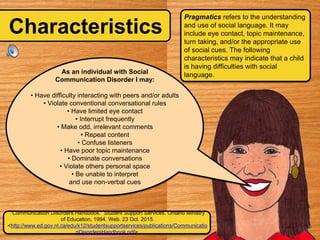 Characteristics
As an individual with Social
Communication Disorder I may:
• Have difficulty interacting with peers and/or adults
• Violate conventional conversational rules
• Have limited eye contact
• Interrupt frequently
• Make odd, irrelevant comments
• Repeat content
• Confuse listeners
• Have poor topic maintenance
• Dominate conversations
• Violate others personal space
• Be unable to interpret
and use non-verbal cues
Pragmatics refers to the understanding
and use of social language. It may
include eye contact, topic maintenance,
turn taking, and/or the appropriate use
of social cues. The following
characteristics may indicate that a child
is having difficulties with social
language.
"Communication Disorders Handbook." Student Support Services. Ontario Ministry
of Education, 1994. Web. 23 Oct. 2015.
<http://www.ed.gov.nl.ca/edu/k12/studentsupportservices/publications/Communicatio
nDisordersHandbook.pdf>.
 