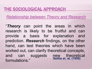 THE SOCIOLOGICAL APPROACH
Relationship between Theory and Research
“Theory can point the areas in which
research is likely to be fruitful and can
provide a basis for explanation and
prediction. Research findings, on the other
hand, can test theories which have been
worked out, can clarify theoretical concepts,
and can suggests new theoretical
formulations.”
Selltiz et. at. (1959)
 