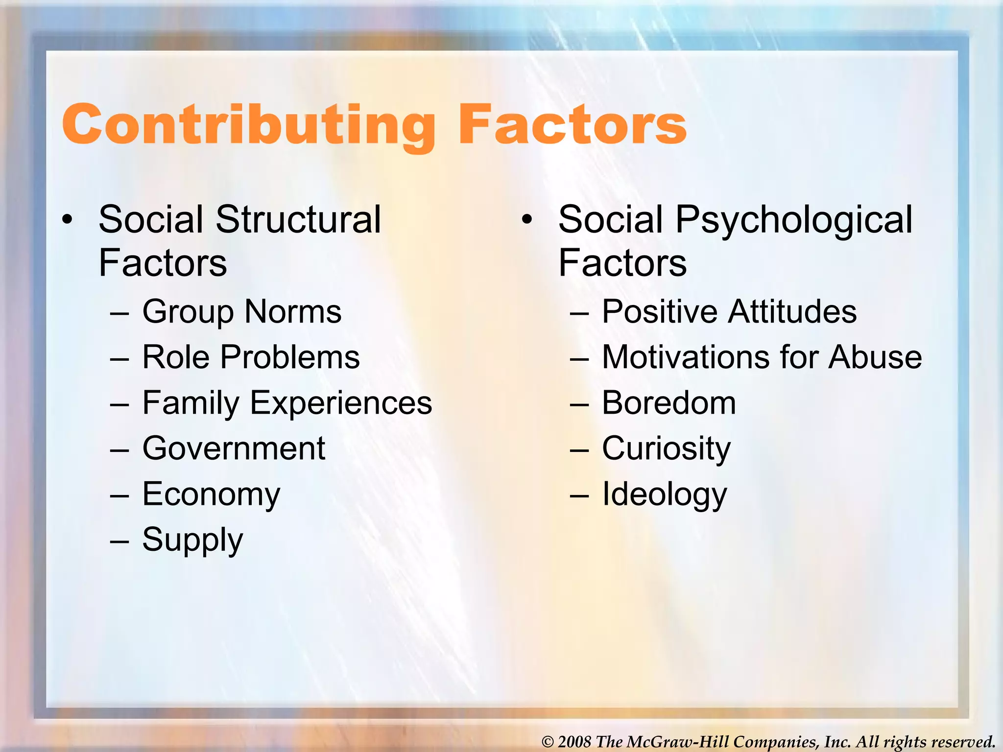 Contributing Factors Social Structural Factors Group Norms Role Problems Family Experiences Government Economy Supply Social Psychological Factors Positive Attitudes Motivations for Abuse Boredom  Curiosity  Ideology 