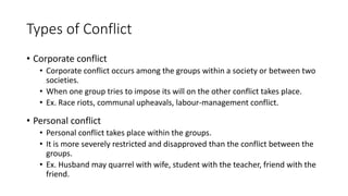 Types of Conflict
• Corporate conflict
• Corporate conflict occurs among the groups within a society or between two
societies.
• When one group tries to impose its will on the other conflict takes place.
• Ex. Race riots, communal upheavals, labour-management conflict.
• Personal conflict
• Personal conflict takes place within the groups.
• It is more severely restricted and disapproved than the conflict between the
groups.
• Ex. Husband may quarrel with wife, student with the teacher, friend with the
friend.
 