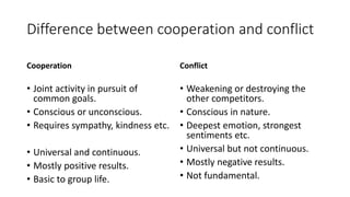 Difference between cooperation and conflict
Cooperation
• Joint activity in pursuit of
common goals.
• Conscious or unconscious.
• Requires sympathy, kindness etc.
• Universal and continuous.
• Mostly positive results.
• Basic to group life.
Conflict
• Weakening or destroying the
other competitors.
• Conscious in nature.
• Deepest emotion, strongest
sentiments etc.
• Universal but not continuous.
• Mostly negative results.
• Not fundamental.
 